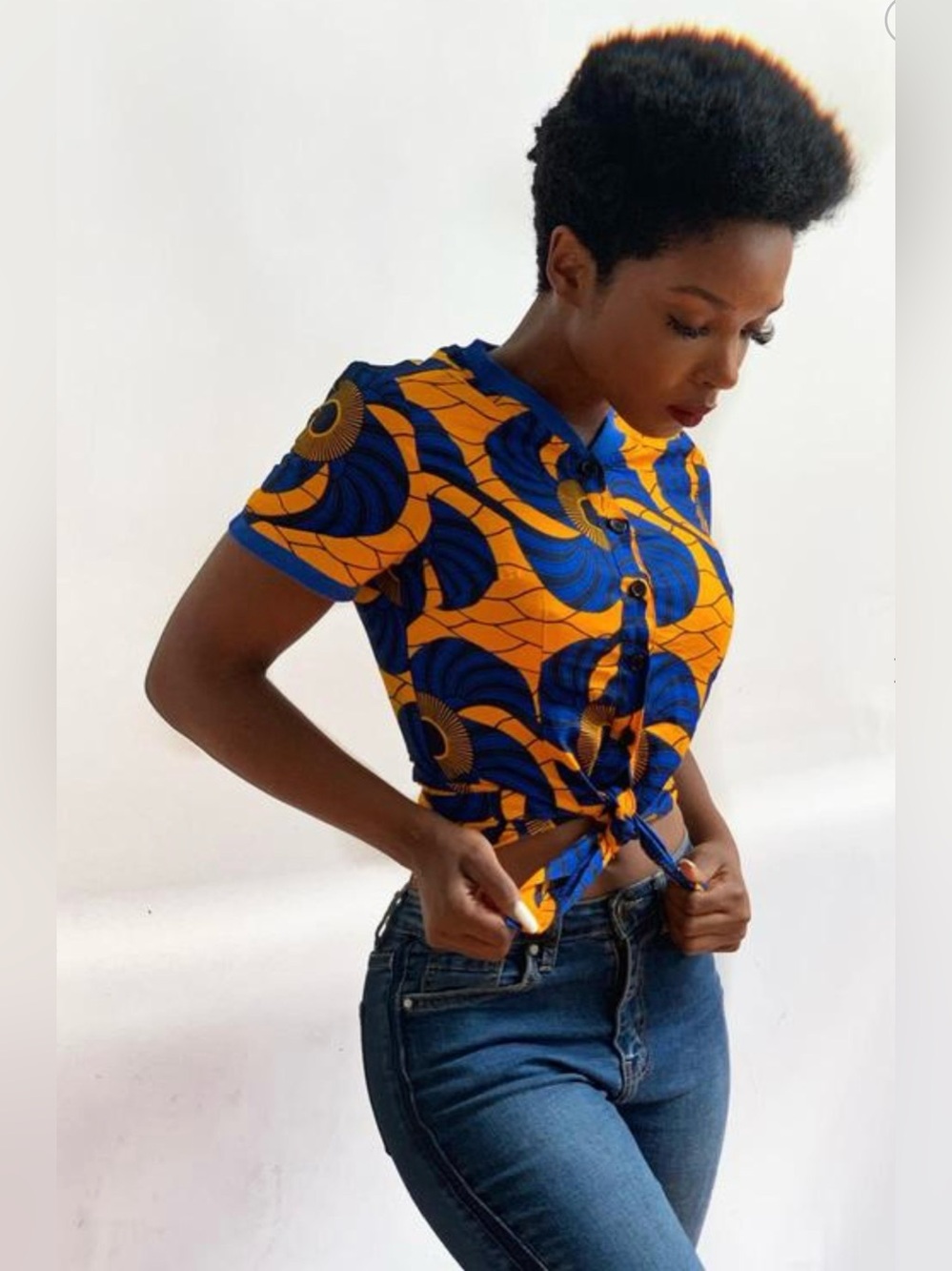 NWT Mae Otti Ankara African Wax Print Polo Top Blue Orange Small
